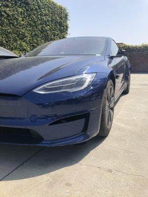 2021 Tesla Plaid in for Front end collision damage repair and paint