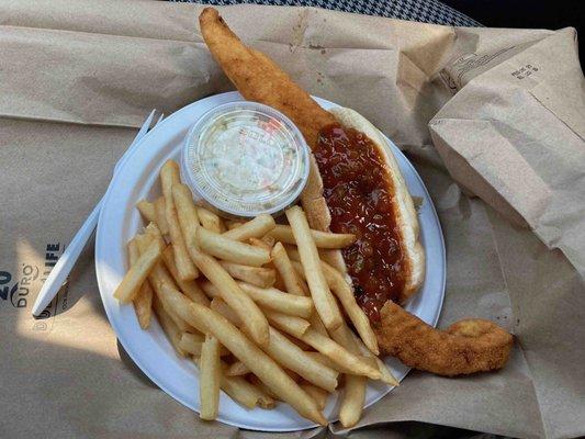 Lunch special - Fish sandwich with chili sauce, fries, slaw and a drink!