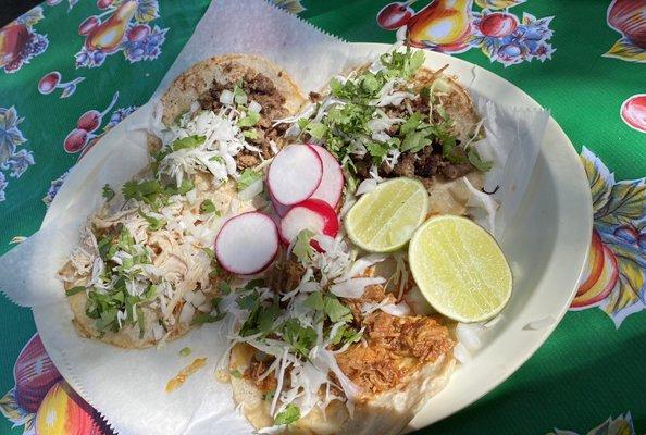 A trio of asada, chicken and carnitas tacos. The asada was my favorite