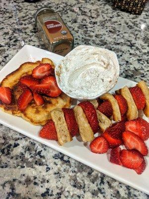 Strawberry and banana pancake kebabs for morning snack.