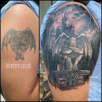 Gargoyle rework and addition. Tattoo by Crystal Scott