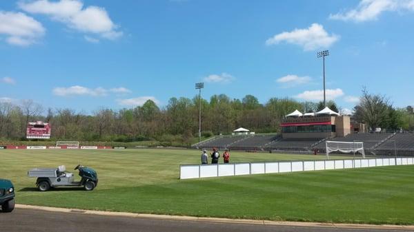 Front of track showing main seating and media booth