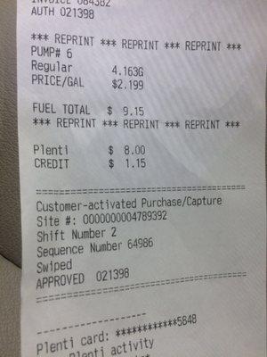 Yes it's true those plenti points pay off ! $9.15 gas purchase with $8.00 plenti points credit !  $1.15 for 4.16 gallons of gas ! Yeah