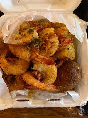 Garlic shrimp with garlic potatoes and sweet corn! This is what heaven looks (and smells!) like.