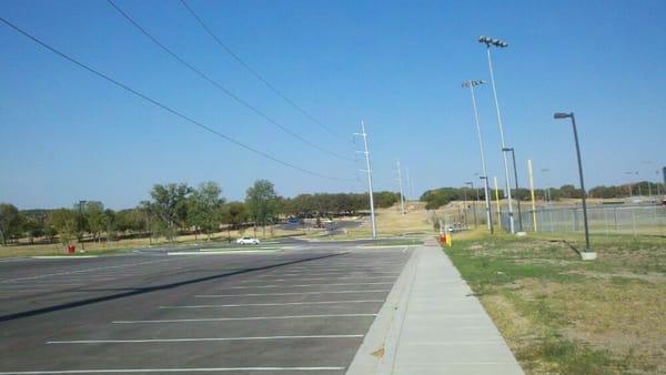 View of the parking lot and the trail beyond