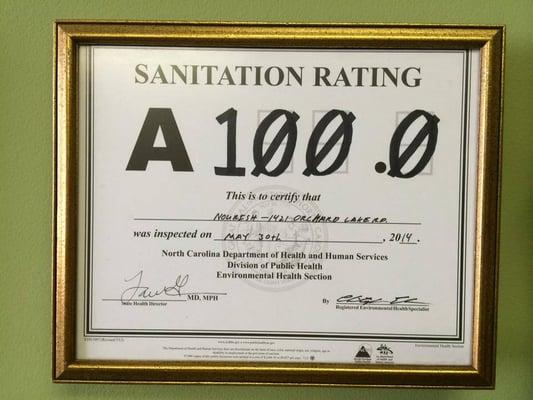 We're super proud of our attention to detail, which includes the cleanliness of our facility. The Health Department agrees!