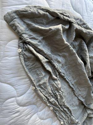 Comforter cover with excess fabric, folded over at button closure, creating an annoying bulge.