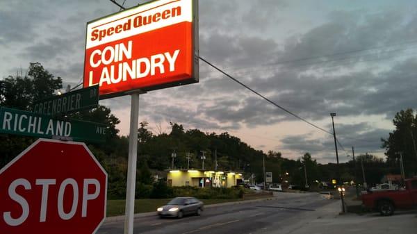 Speed Queen laundromat sign and intersection