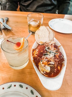 Tom Collins, Makers Old Fashion, and Meatball appetizer