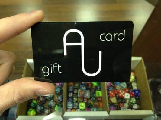 AU Gift Cards!  If you receive store credit for any reason, it will go on one of our reloadable cards, good at any of our three locations!