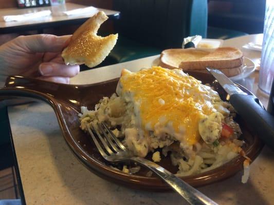 Large portion of sausage egg scramble for breakfast