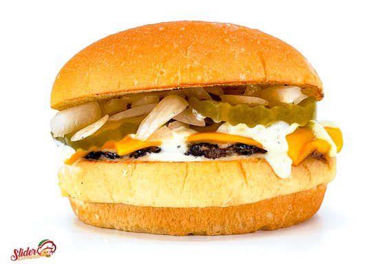 Smash Halal Beef Patty With Fresh Sauteed Onions, Crispy Onion Strips, Cheese, Pickles and Express Sauce On A Potato Roll