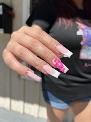 Long French tip duo with Pink 3D Flower