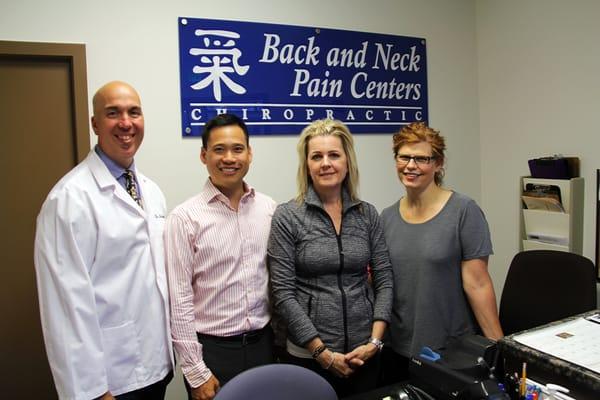 Dr. Pete Meinhofer, Dr. Brian Chan, Kim (chiropractic assistant), and Cindy (massage therapist)