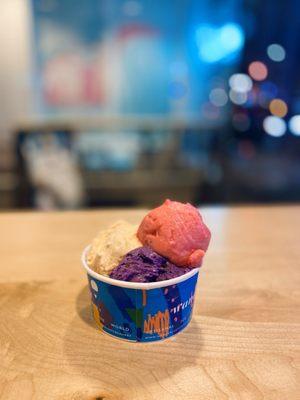 Earl grey (left), ube malted crunch (bottom) and raspberry lychee rose (right)