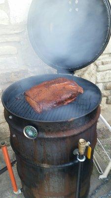 Smoking the brisket in the back!!!