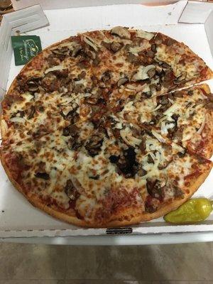 Large thin crust with beef, mushrooms and onions