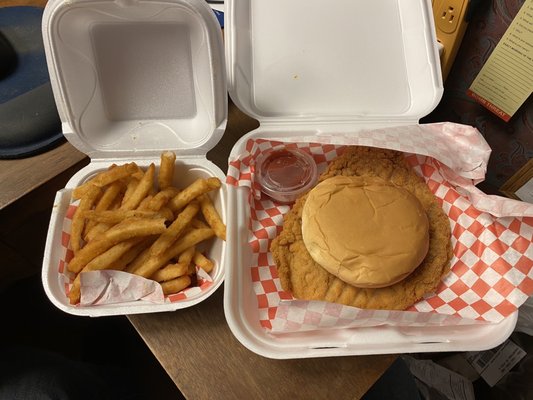 Lunch special. Tenderloin w/fries. Thanks for putting fries in separate container! Little things like that make a place.