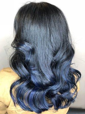 Toned her previous balayage with a cobalt blue.