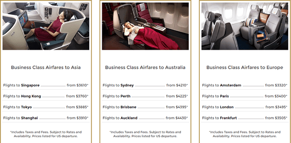 Sample Business Class Fares.