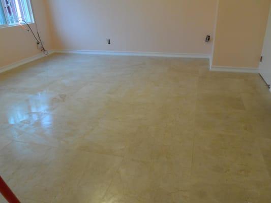 Master bedroom marble tile floor install, 2x2 sq. ft. 3/4 in. thick, slab of marble tiles.