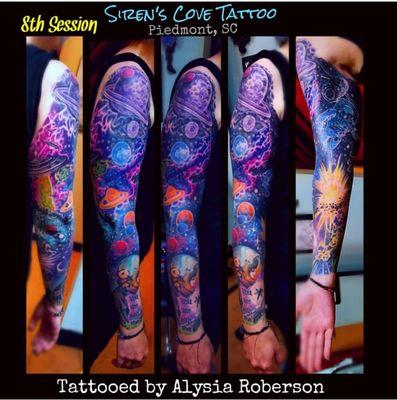 Galaxy chakra full color sleeve tattoo by Alysia Roberson @ Siren's Cove Tattoo in Piedmont, SC!