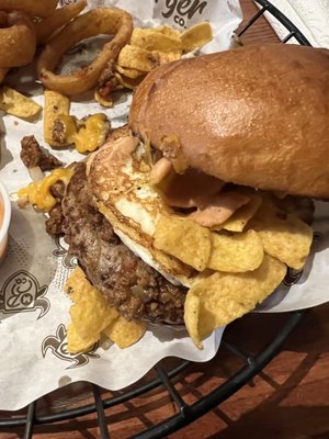 Burger, bison chili, Fritos, added the egg.  Por portions are good! Yum!