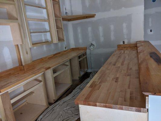 Built in place cabinet. Butcher block countertops