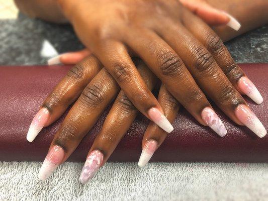 Coffin shaped Pink & White Ombré w/ glitter and marble accent nails.