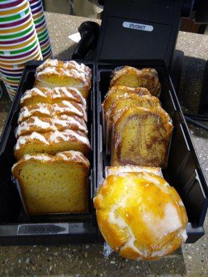 On the left, lemon iced slice of loaf.  Compared to the lemon iced muffin on the right.