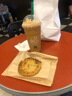 Pumpkin spice frappe with a Reece's chip cookie