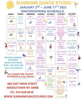 Sunshine Dance Studio Winter - Spring 2023 Class Schedule