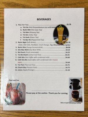 Beverage menu