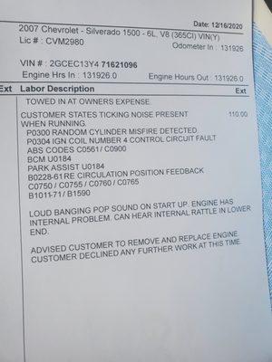 Here's the diagnostic from the shop explaining everything