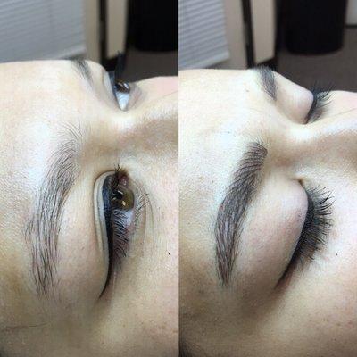 Before and after creating these beautiful brows with microblading.