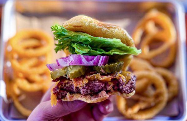 Heaven's bacon cheddar burger after a few bites, crisp bacon, melty cheese, fresh toppings - pretty good!