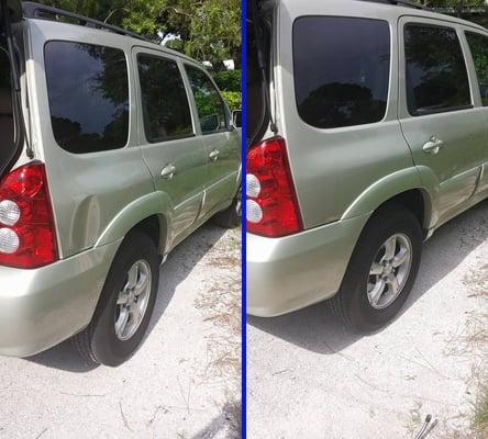 Mazda Tribute rear quarter panel dent repair.