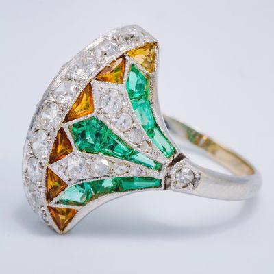 Art Deco Egyptian Revival Diamond Emerald Citrine Ring. CIRCA - 1920's.