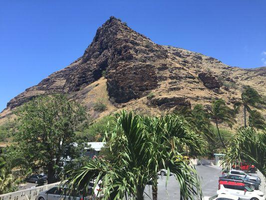 Top of parking deck and northern most point of the Waianae Mountains that make up Makaha Valley to the south.