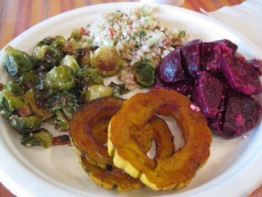 My festive fall plate -- squash rings, beets, brussel sprouts w/bacon and my favorite quinoa.