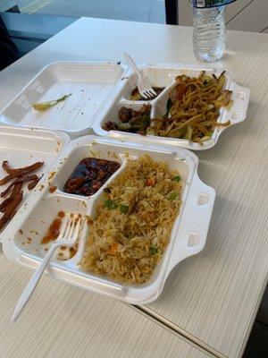 Fried rice, noodles, beef and broccoli, and orange chicken.