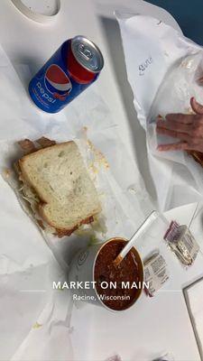 Half chicken club and beef chili