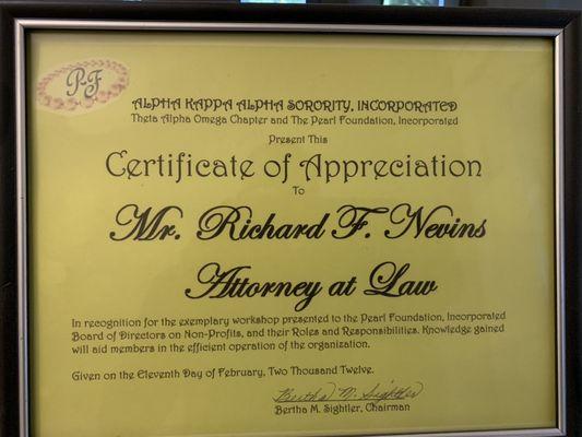 Certificate of Appreciation