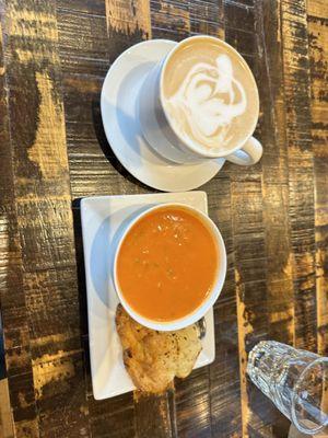 Creamy tomato soup and a carmel latte