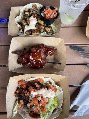 Shrimp taco. Fish taco. Chicken skewers.