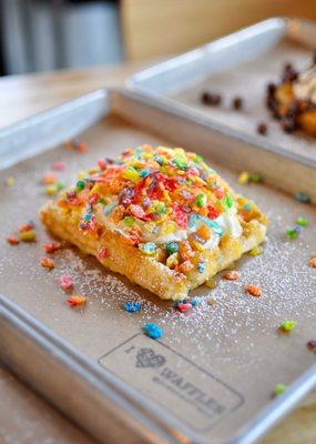 Fruity Pebbles: One of our three famous cereal waffles! A breakfast match made in heaven!