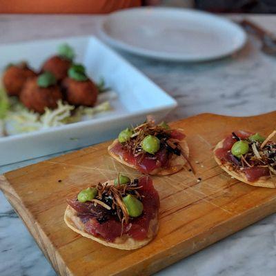 Tuna Tostadas and Crab Croquettes