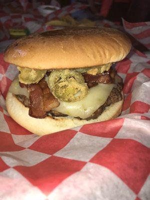 Bacon cheeseburger with bacon and fried jalapeños