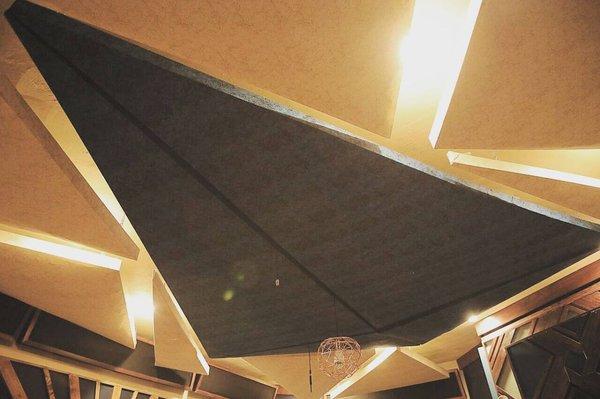 Our ceiling acoustic panel "The Star Destroyer": the acoustic cloud that hangs in the live room at The Sauce Pot Studios.