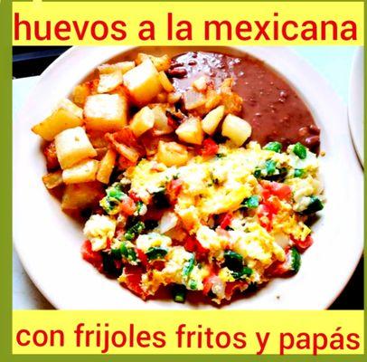 Huevos revueltos tomate  pimiento marrón sebolla con papas y frijoles fritos